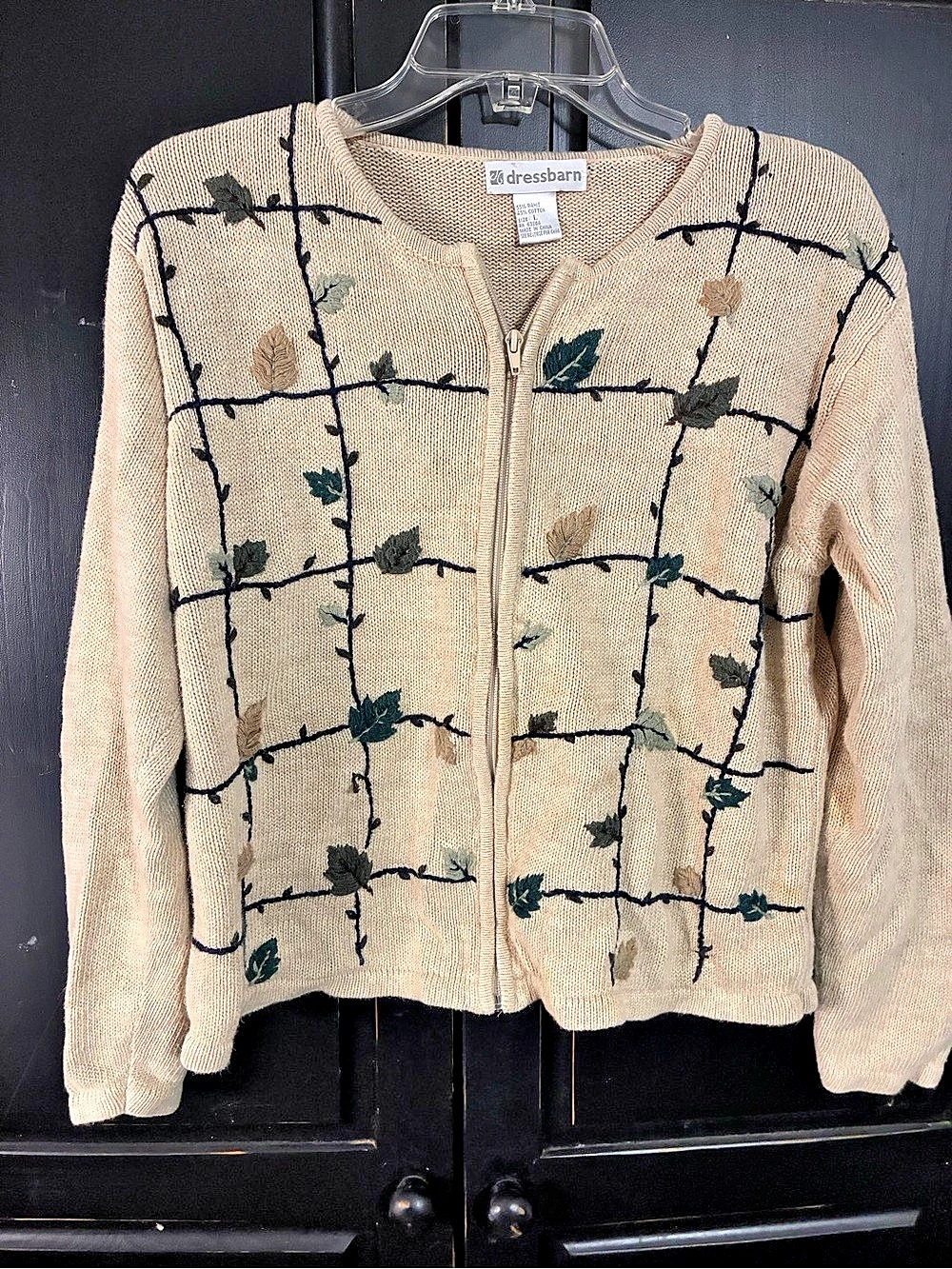 Vintage Knit Sweater Tan Fall Autumn Leaf Knit Full Zip Crewneck Buttermom L